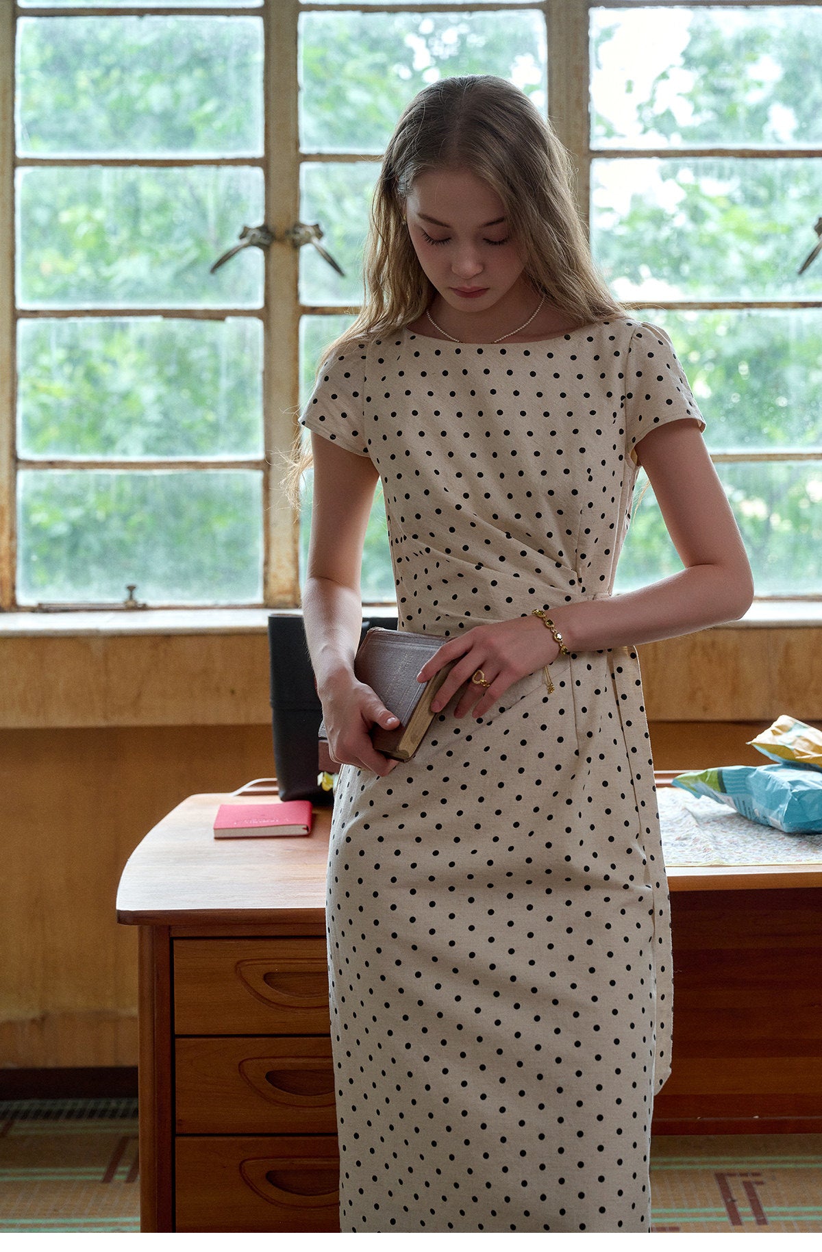 French Polka Dot Linen Blend Ruched Waist Midi Dress