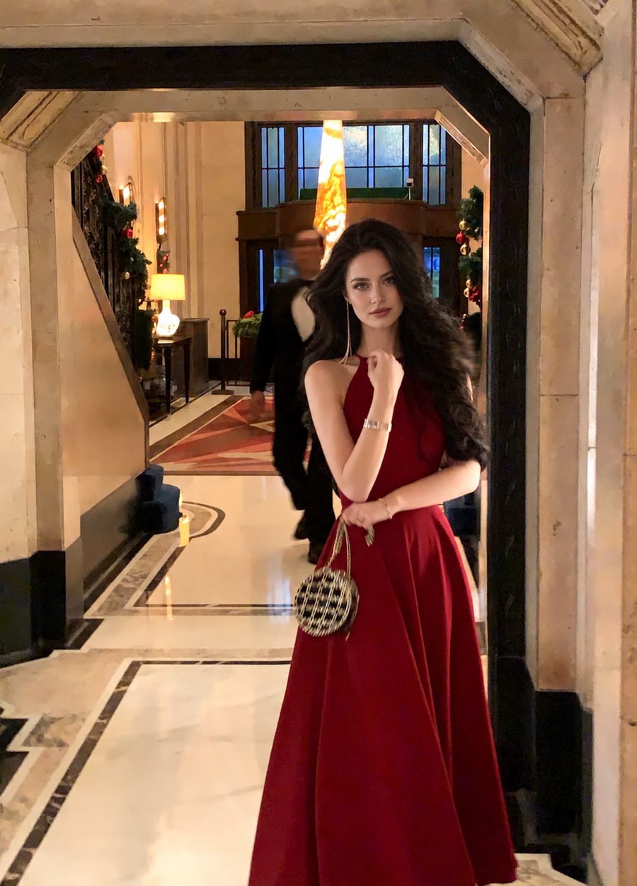 Burgundy Halter Cutout A-Line Maxi Dress