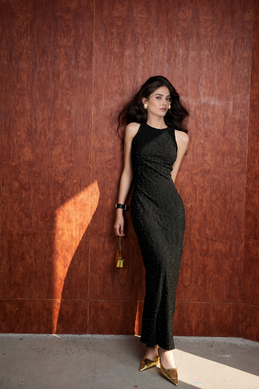 Sleeveless Textured Check Knit Maxi Dress