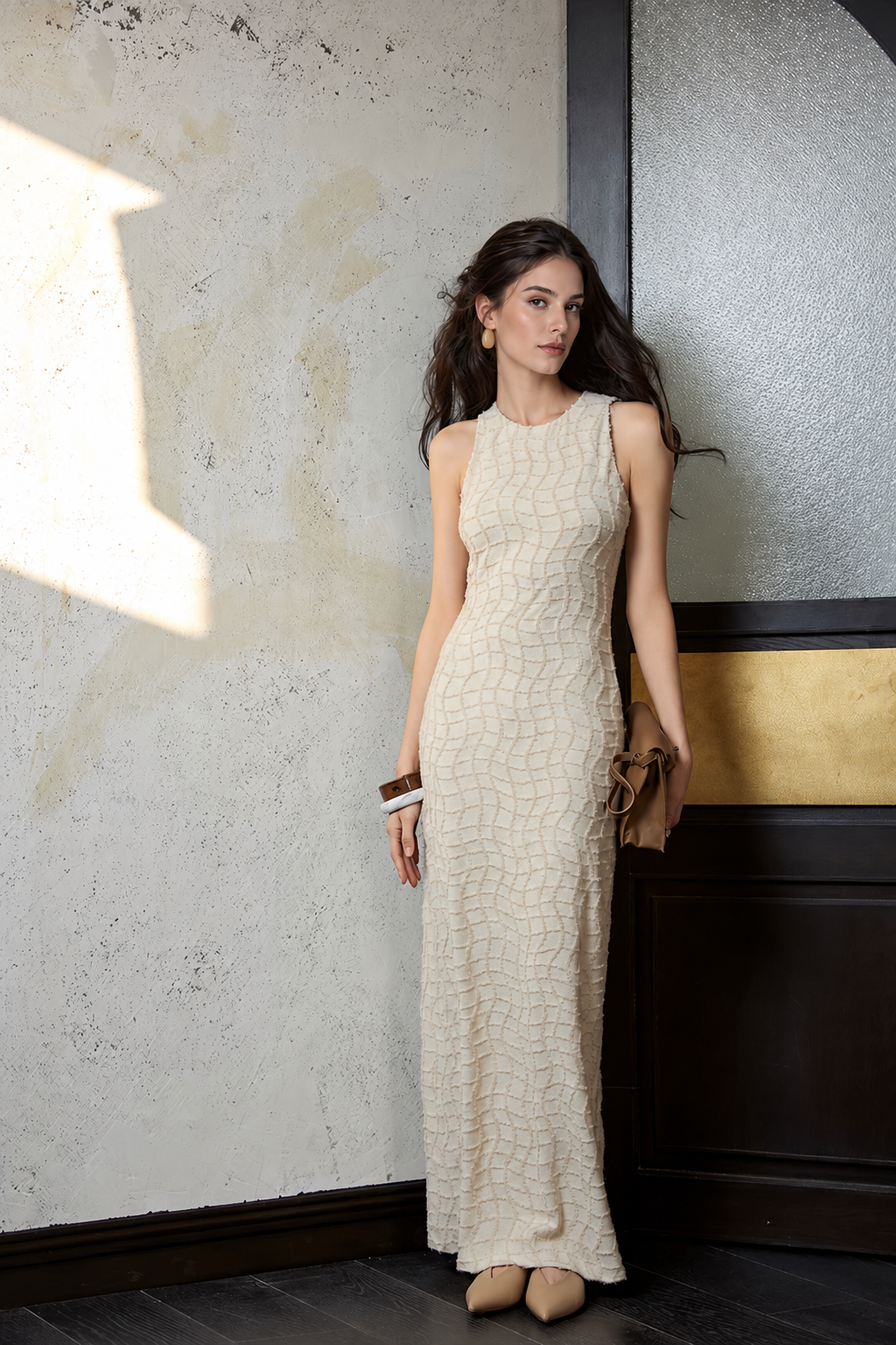 Sleeveless Textured Check Knit Maxi Dress - Ivory