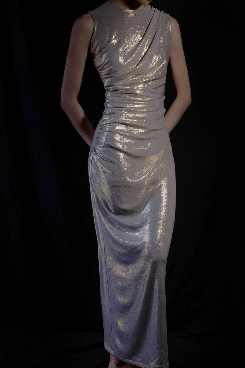 Silver One-Shoulder Metallic Draped Maxi Dress - garment detail