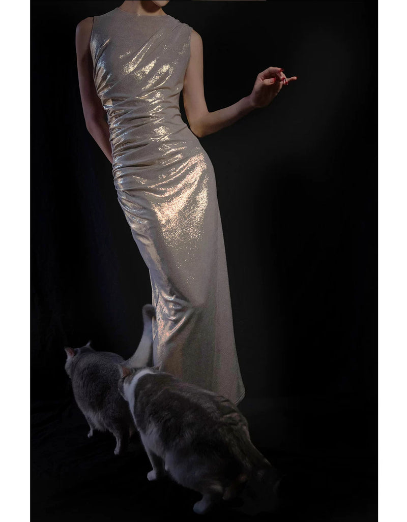 Silver One-Shoulder Metallic Draped Maxi Dress - garment detail