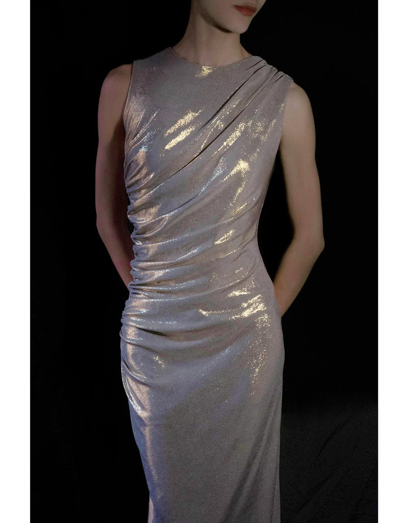 Silver One-Shoulder Metallic Draped Maxi Dress - garment detail