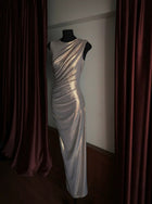 Silver One-Shoulder Metallic Draped Maxi Dress - garment detail