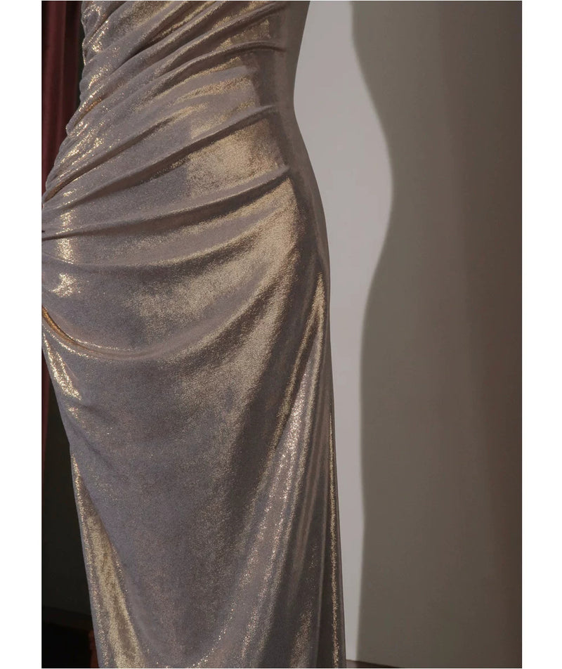 Silver One-Shoulder Metallic Draped Maxi Dress - garment detail