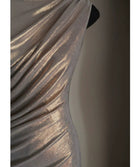 Silver One-Shoulder Metallic Draped Maxi Dress - garment detail