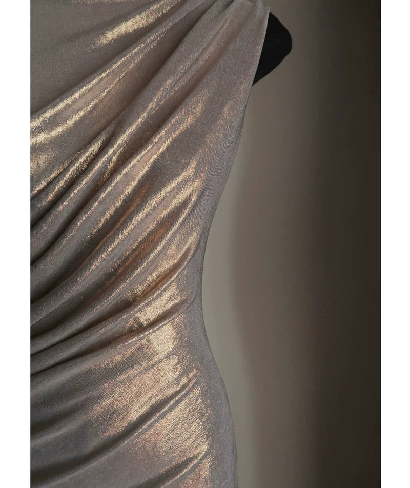 Silver One-Shoulder Metallic Draped Maxi Dress - garment detail