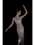 Silver One-Shoulder Metallic Draped Maxi Dress - Silver Grey