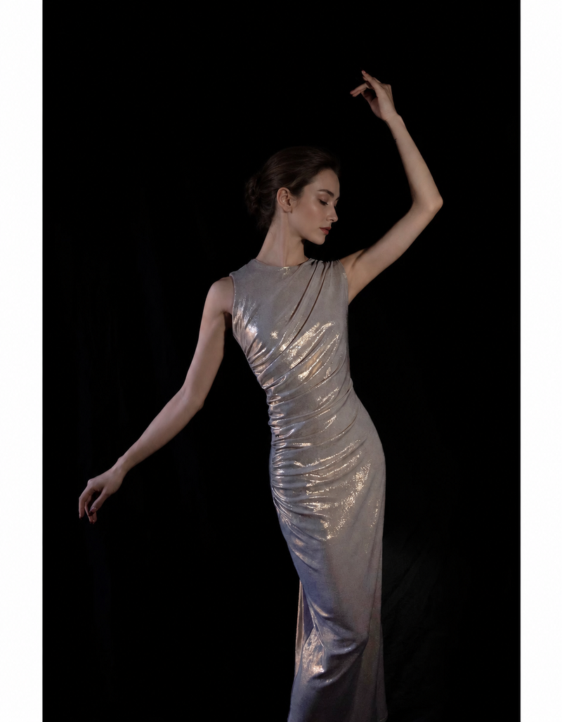 Silver One-Shoulder Metallic Draped Maxi Dress - Silver Grey