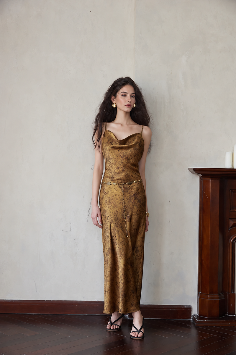 Gold Cowl Neck Satin Slip Dress - Gold