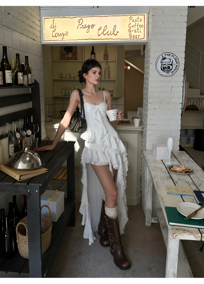 White Corset Cascading Ruffle High Low Dress - White