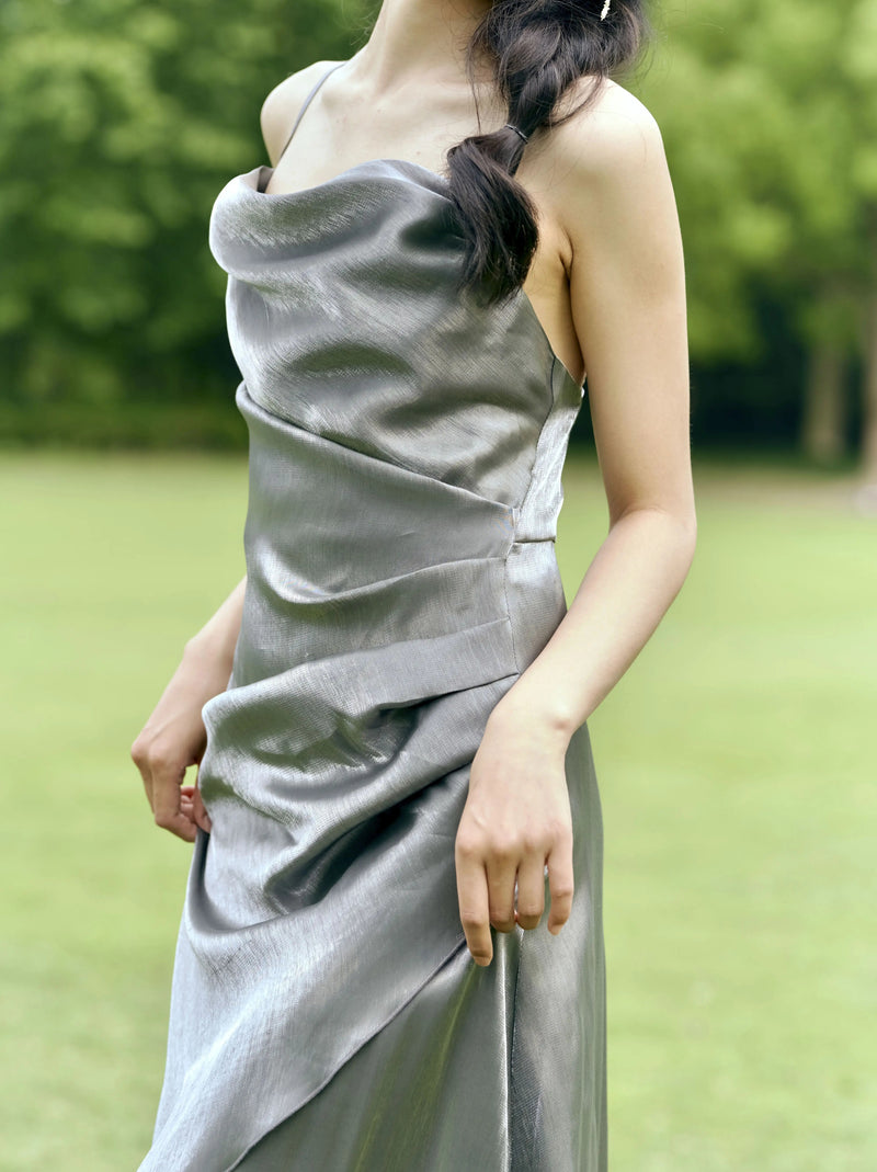 Iridescent Cowl-Neck Slip Maxi Dress - Silver Grey