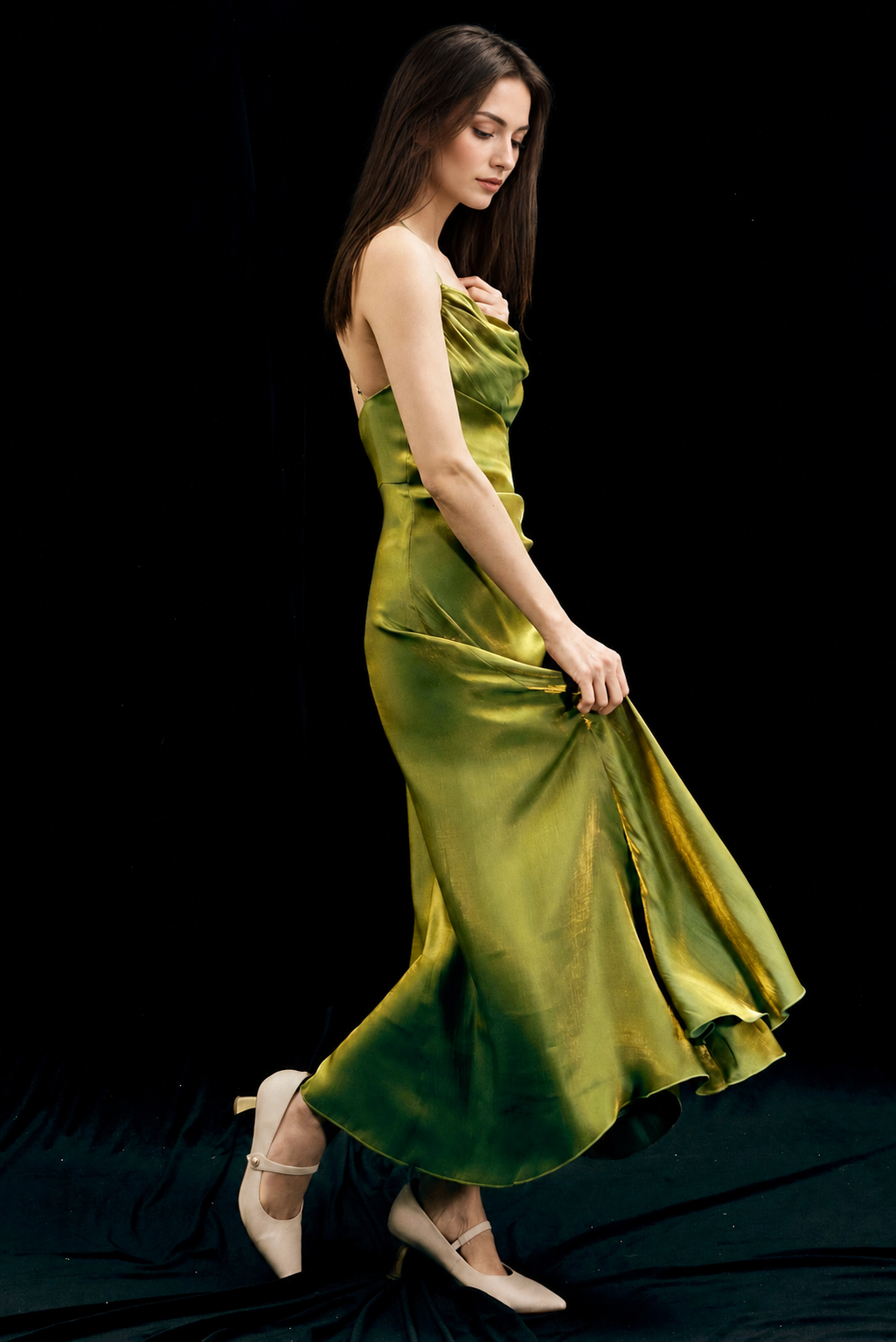Iridescent Cowl-Neck Slip Maxi Dress - Green