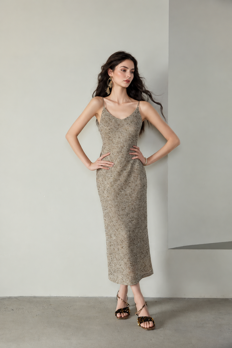 Metallic Knit Slip Midi Dress - Khaki