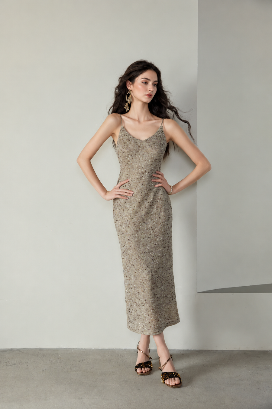 Metallic Knit Slip Midi Dress