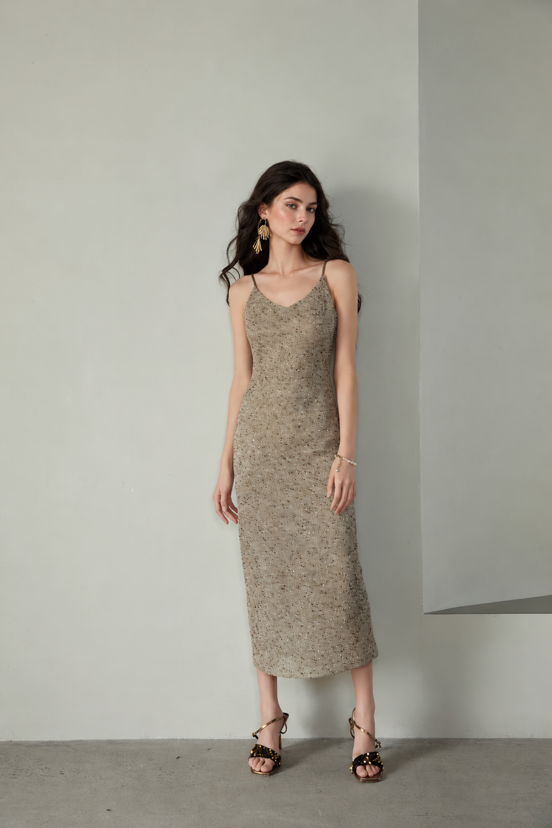 Metallic Knit Slip Midi Dress - Khaki