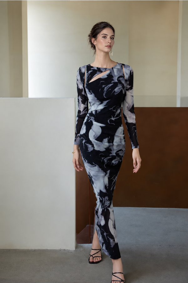 Abstract Print Maxi Dress and Matching Shrug Set - Gray and Black
