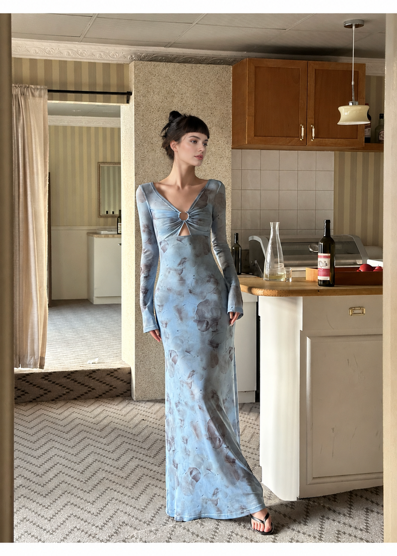 Blue Floral Ring Front Long Sleeve Maxi Dress - Blue