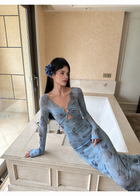 Blue Floral Ring Front Long Sleeve Maxi Dress - Blue