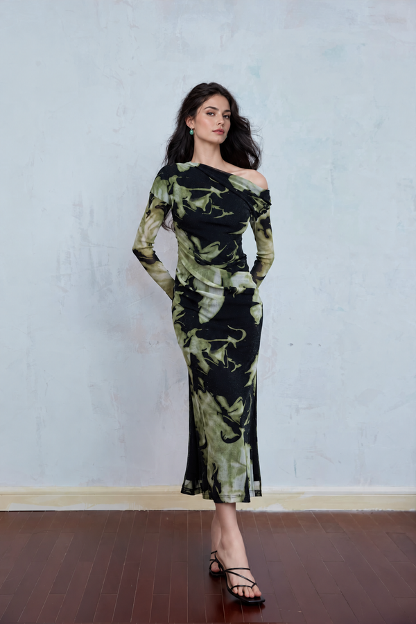 Asymmetric Floral Mesh Long Sleeve Dress - Black and Green