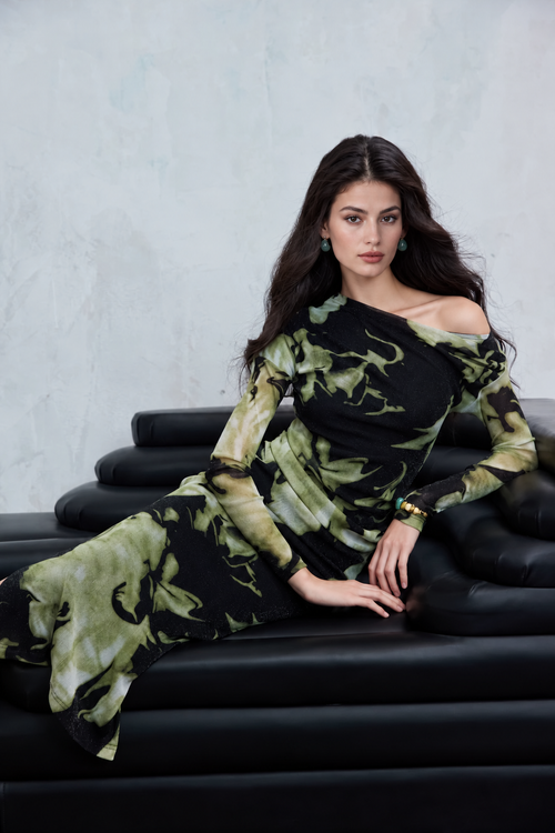 Asymmetric Floral Mesh Long Sleeve Dress - Black and Green