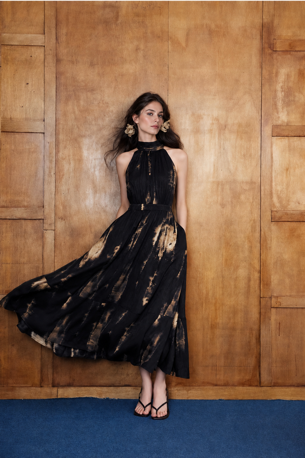 Halter Neck Abstract Print Satin Midi Dress - Black