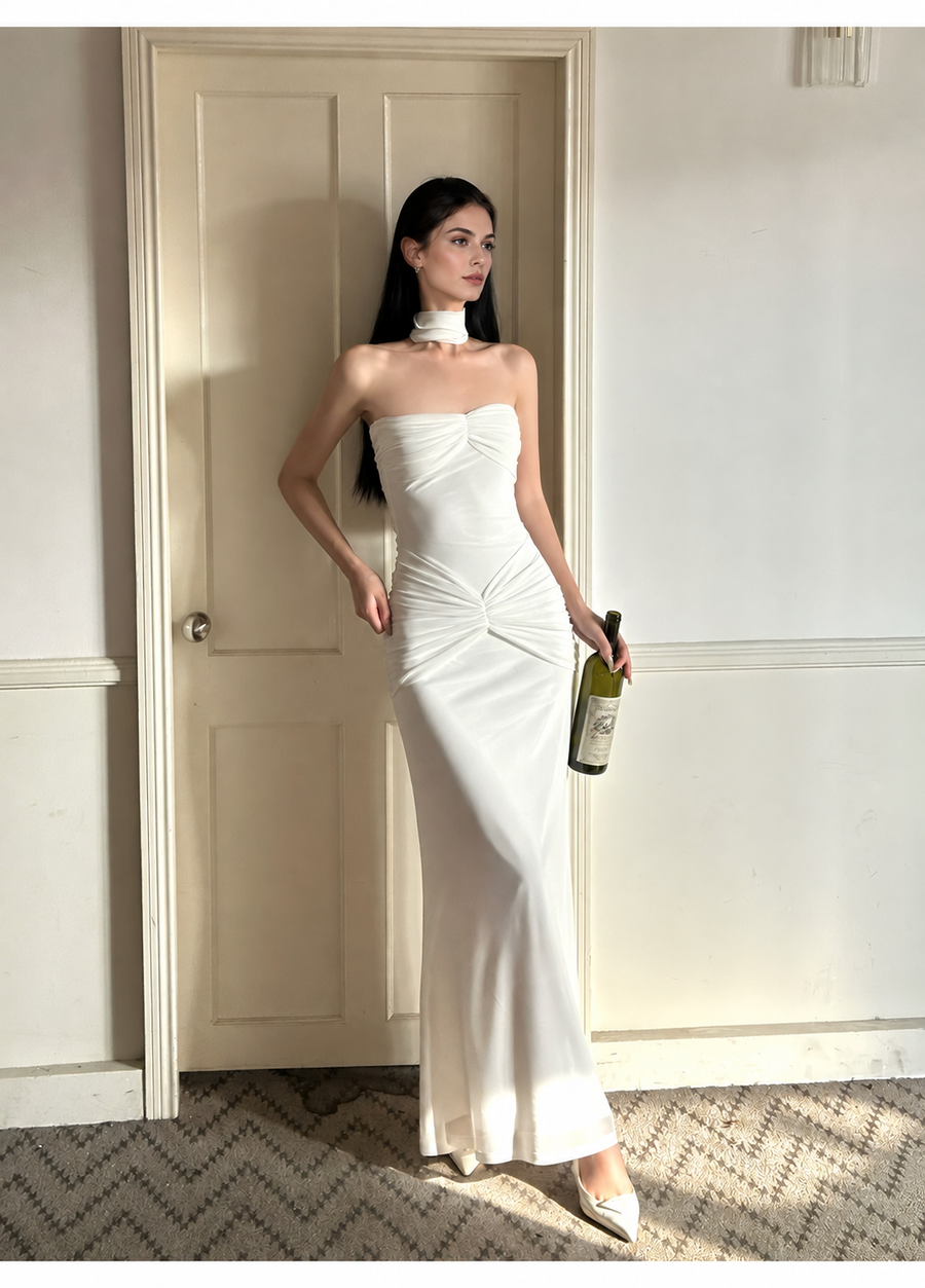White Strapless Ruched Satin Maxi Dress