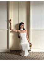 White Strapless Ruched Satin Maxi Dress - White