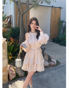 Champagne Halter Balloon-Sleeve Tiered Mini Dress - Champagne