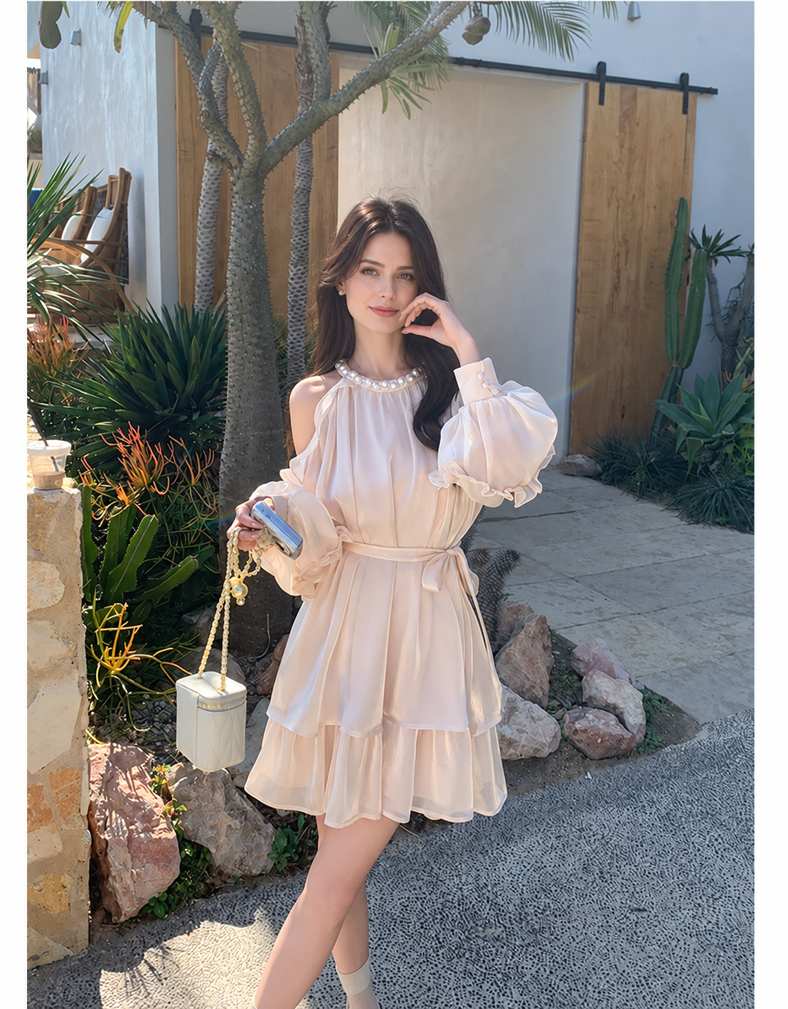 Champagne Halter Balloon-Sleeve Tiered Mini Dress - Champagne
