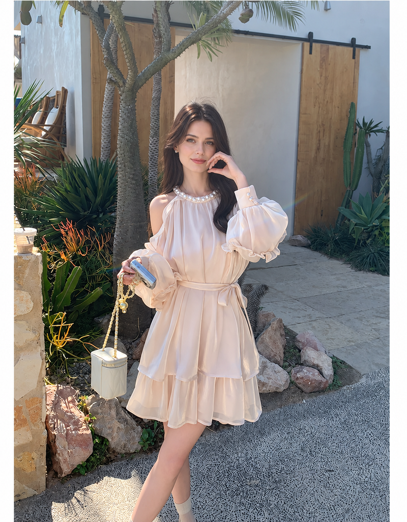 Champagne Halter Balloon-Sleeve Tiered Mini Dress - Champagne
