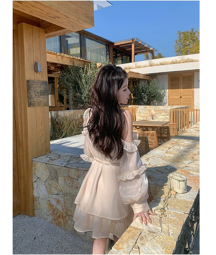 Champagne Halter Balloon-Sleeve Tiered Mini Dress - garment detail