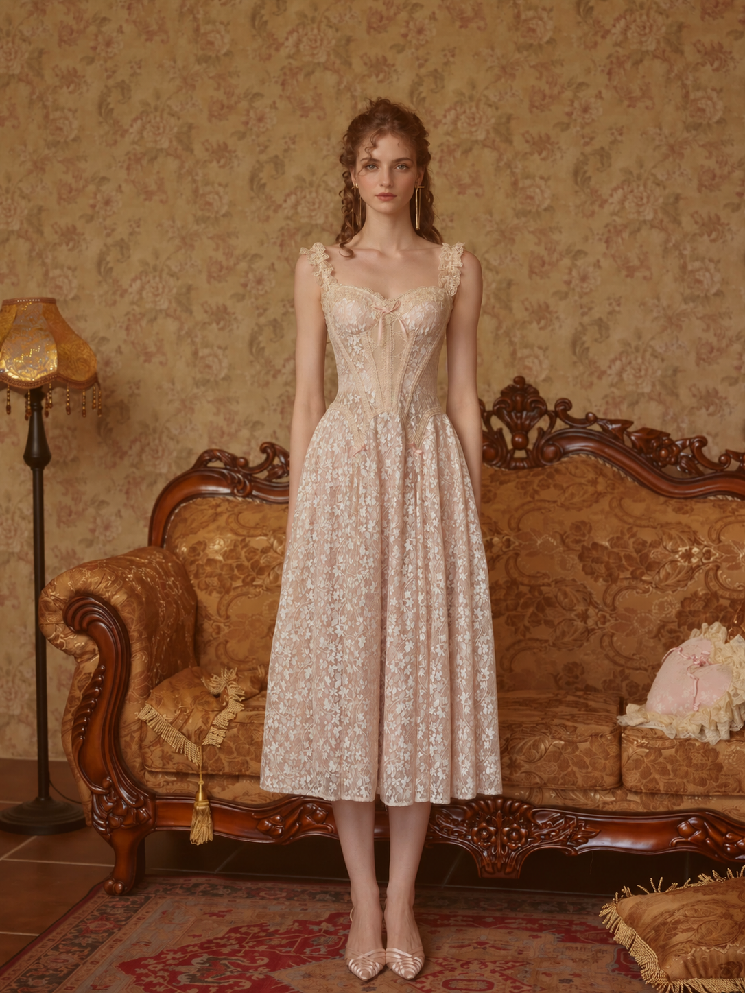 Blush Floral Lace Corset Midi Dress - Blush Pink
