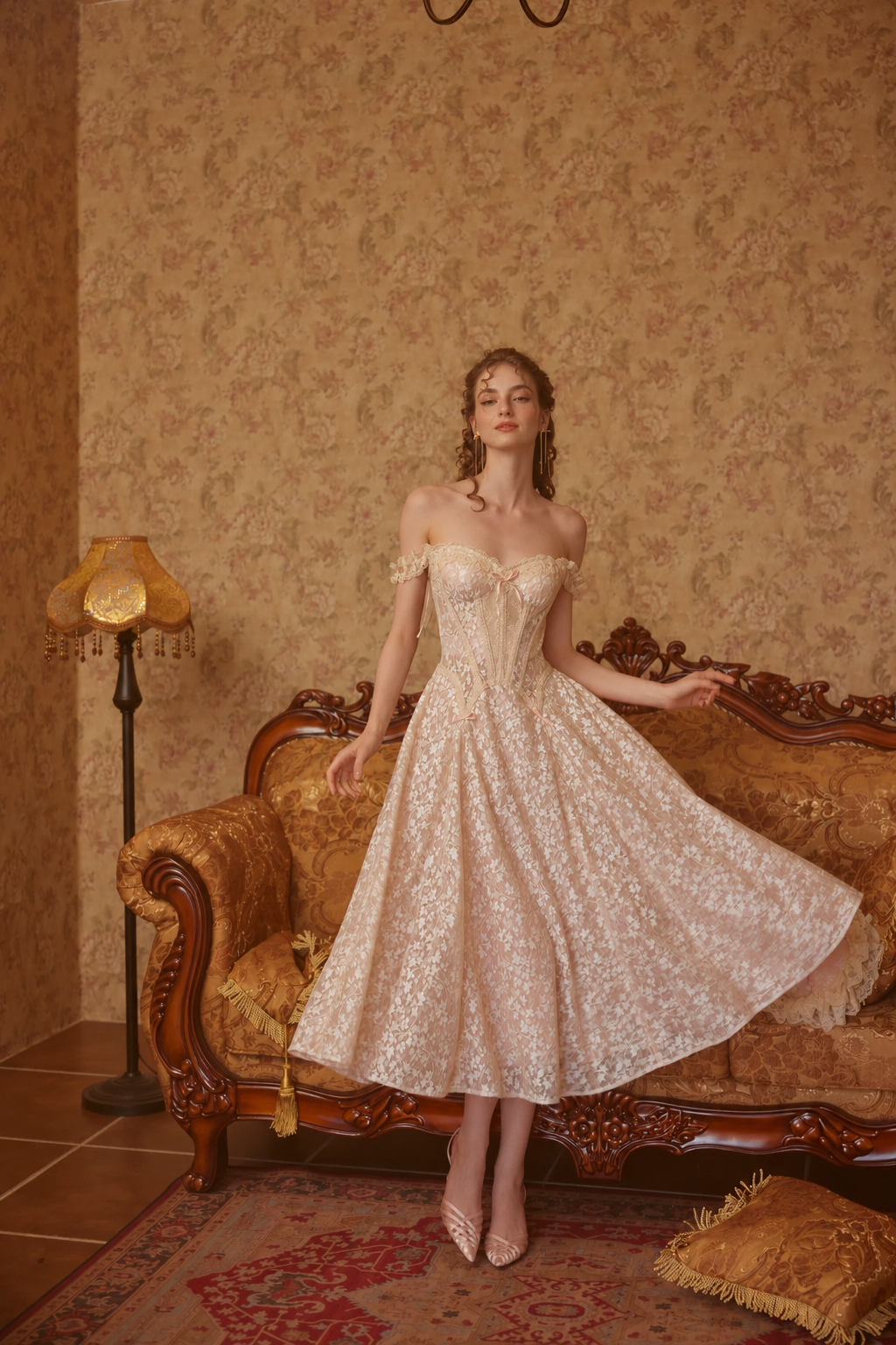Blush Floral Lace Corset Midi Dress - Blush Pink
