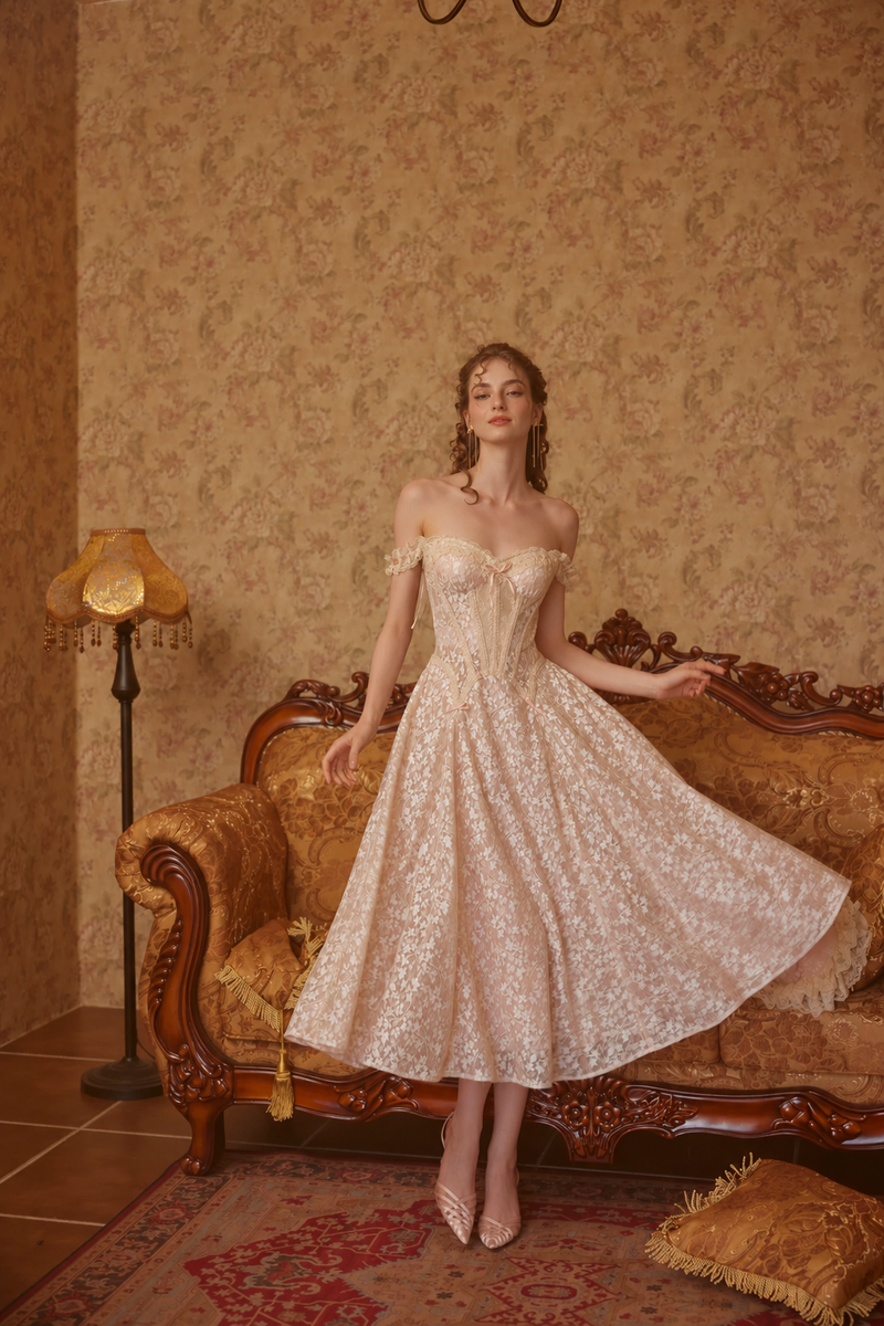 Blush Floral Lace Corset Midi Dress - Blush Pink