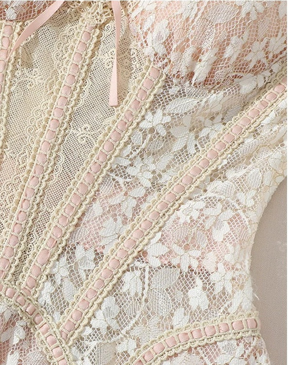 Blush Floral Lace Corset Midi Dress - garment detail