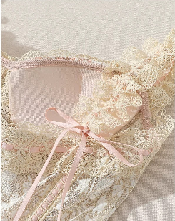 Blush Floral Lace Corset Midi Dress - garment detail