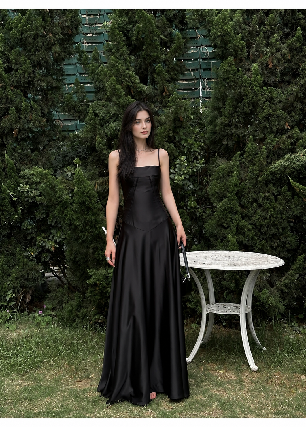 Satin Corset A-Line Maxi Dress - Black
