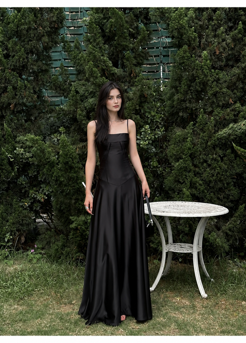 Satin Corset A-Line Maxi Dress - Black