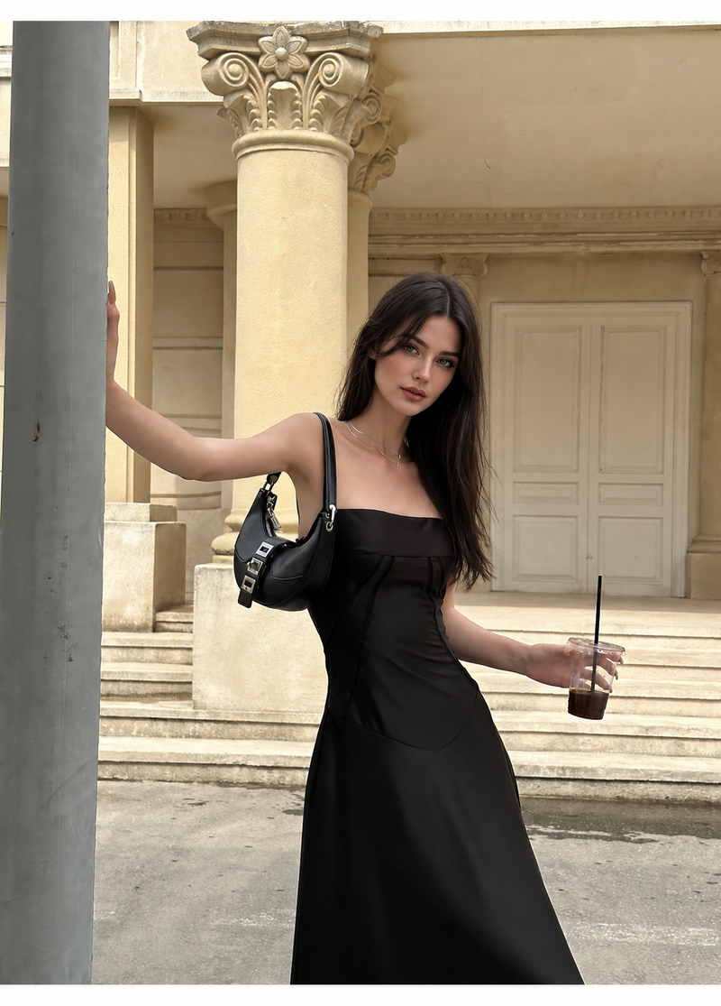 Satin Corset A-Line Maxi Dress - Black