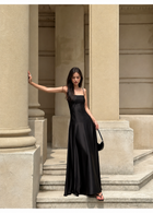 Satin Corset A-Line Maxi Dress - Black