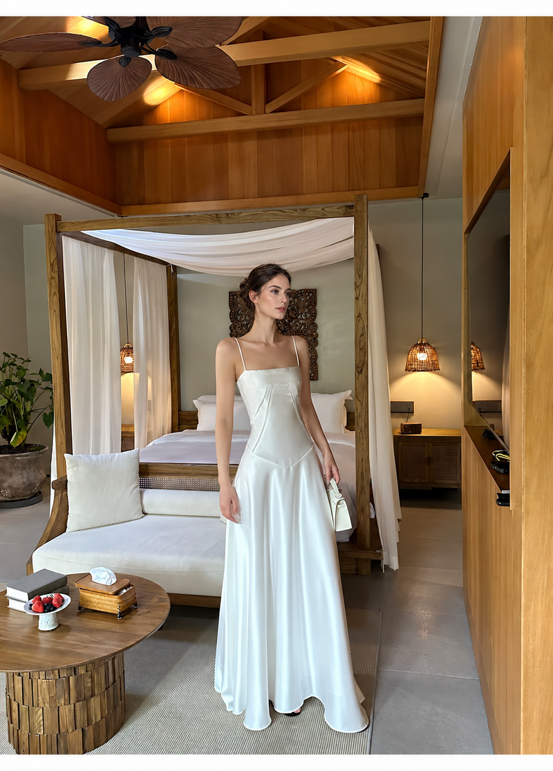 Satin Corset A-Line Maxi Dress - White