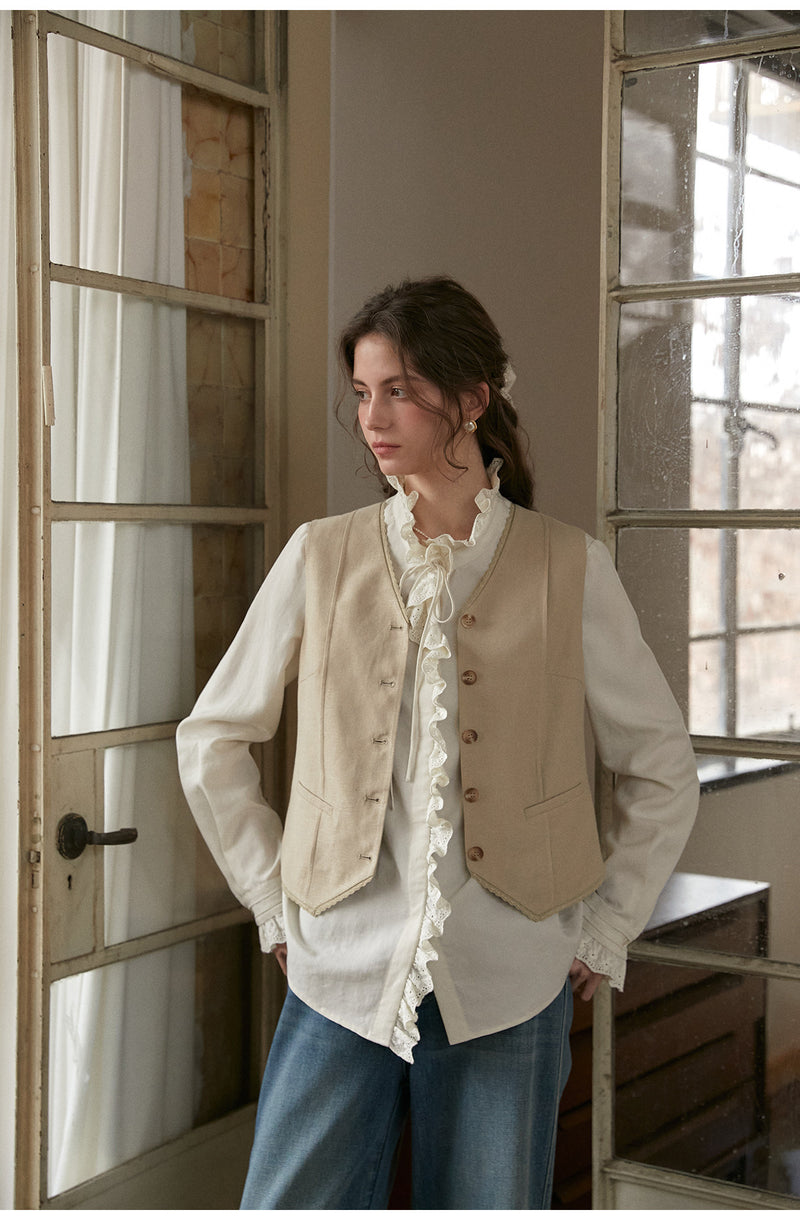 French Court Style Lace Ruffle Tencel Cotton Blouse