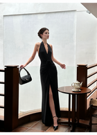 Black Rosette Halter Ruched Slit Maxi Dress - Black