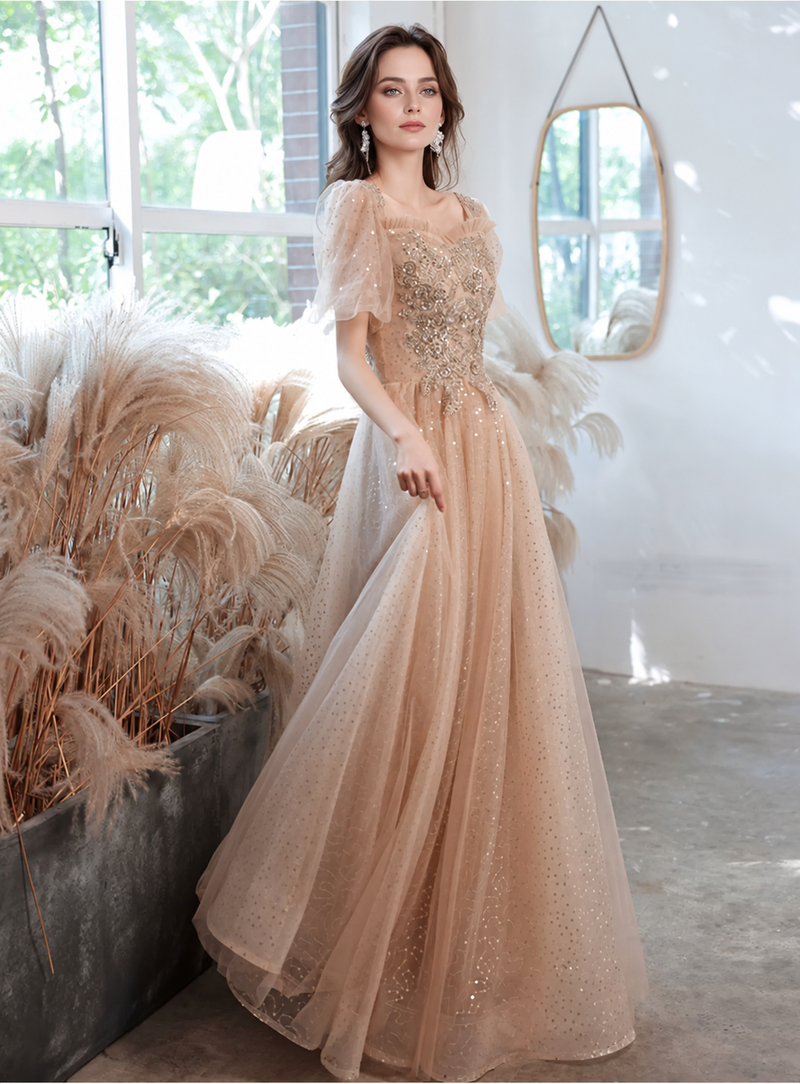 Champagne Embellished Illusion-Neck Tulle Maxi Dress - Champagne