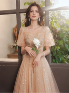 Champagne Embellished Illusion-Neck Tulle Maxi Dress - Champagne