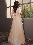 Champagne Embellished Illusion-Neck Tulle Maxi Dress - garment detail
