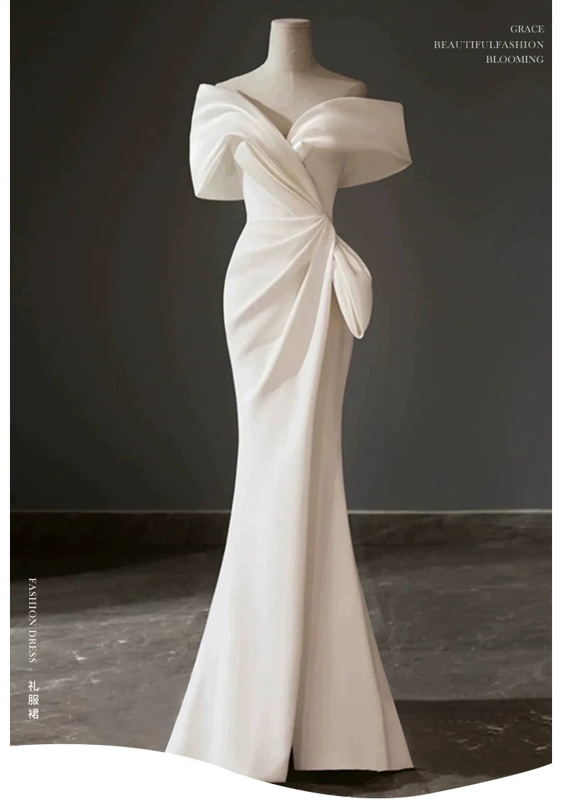 Ivory Off-Shoulder Bow Mermaid Evening Gown - garment detail