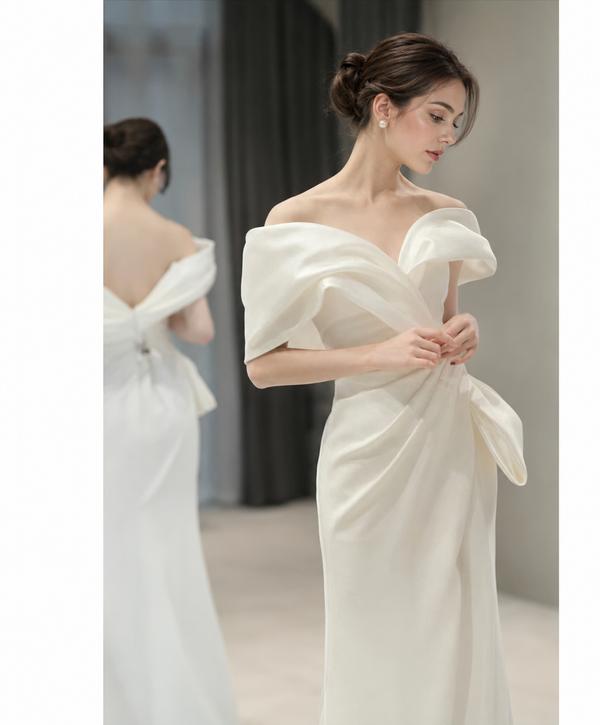Ivory Off-Shoulder Bow Mermaid Evening Gown - Ivory