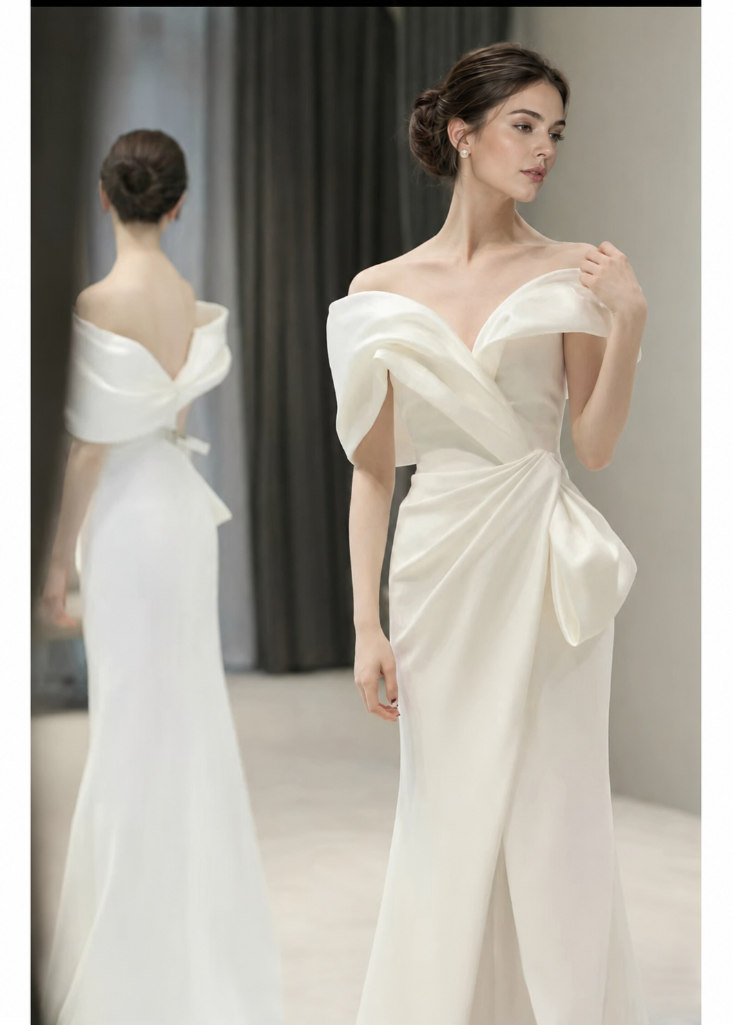 Ivory Off-Shoulder Bow Mermaid Evening Gown - Ivory